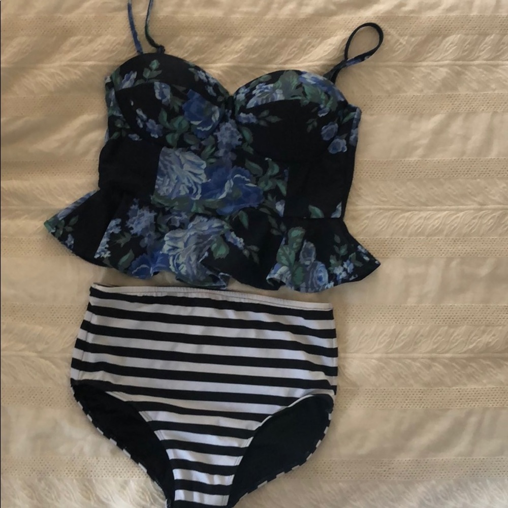 Peplum swim top and high waist bottomed swimsuit